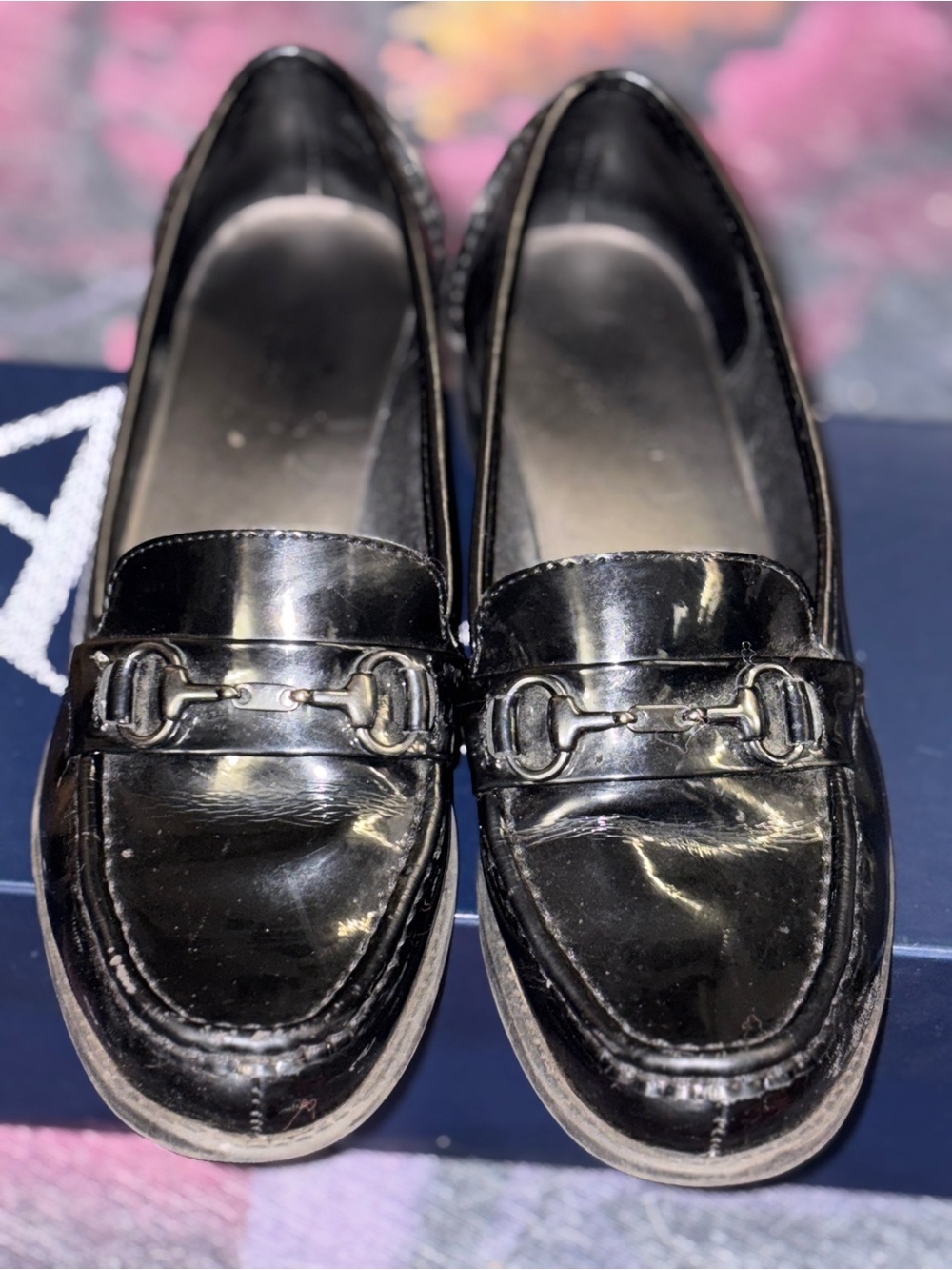 Anne Klein Black Patent Leather Loafers with Metal Bit
